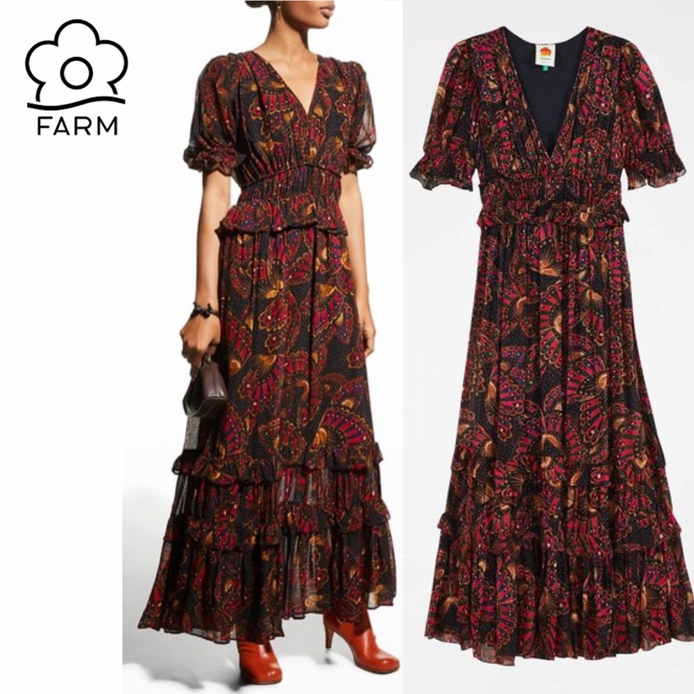 Farm Rio Butterfly Sky Maxi Dress Small Tiered  100% viscose